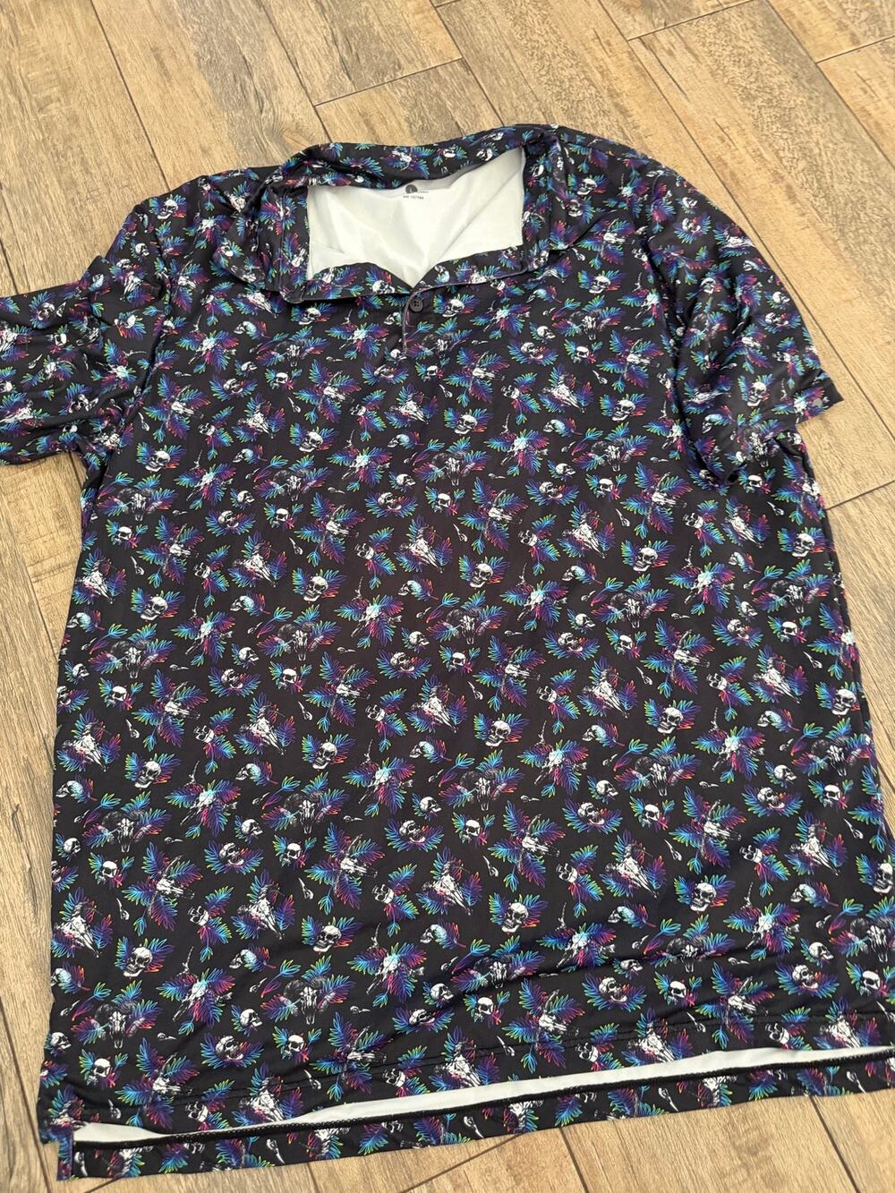 1764 Polo Shirt Size L Black Stretch Skull Floral Motifs Collared Pullover Golf